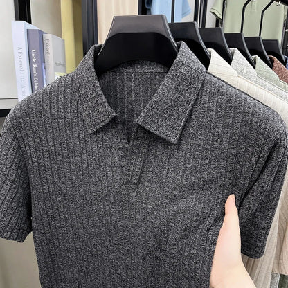 Men's Vertical Stripe Knitted Polo Shirt