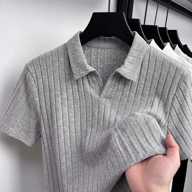 Gray ribbed polo shirt with short sleeves, stylish and comfortable for everyday wear
