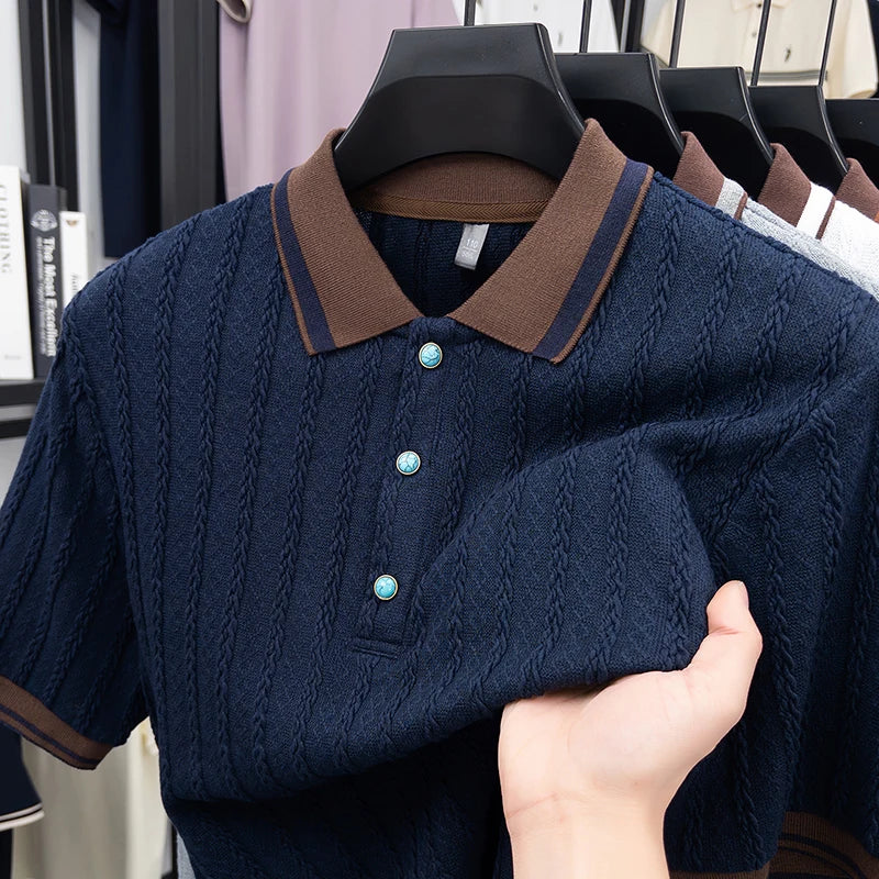 Navy blue cable knit polo shirt with brown collar, stylish men&