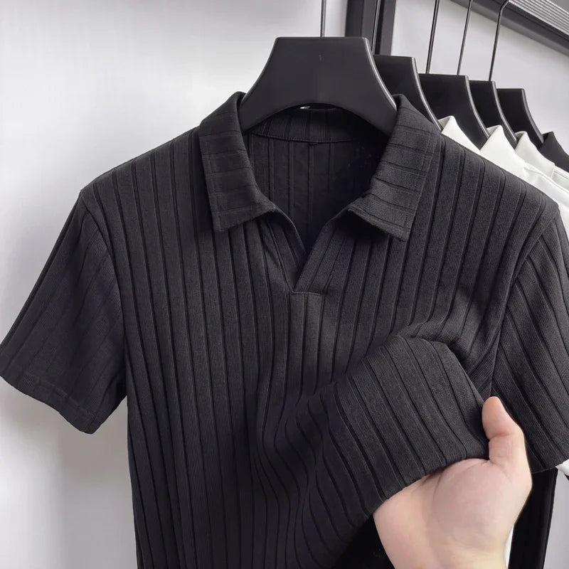 Black ribbed polo shirt with short sleeves, stylish and trendy streetwear