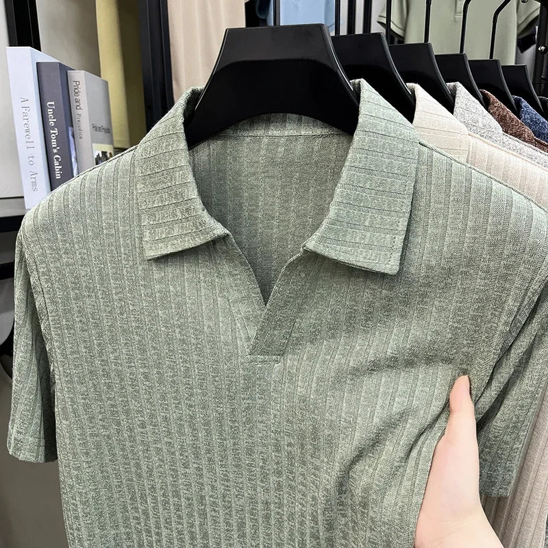 Men's Vertical Stripe Knitted Polo Shirt