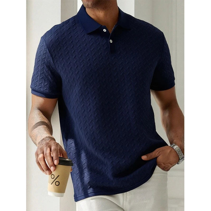 Navy blue textured polo shirt for men, casual streetwear style with coffee cup