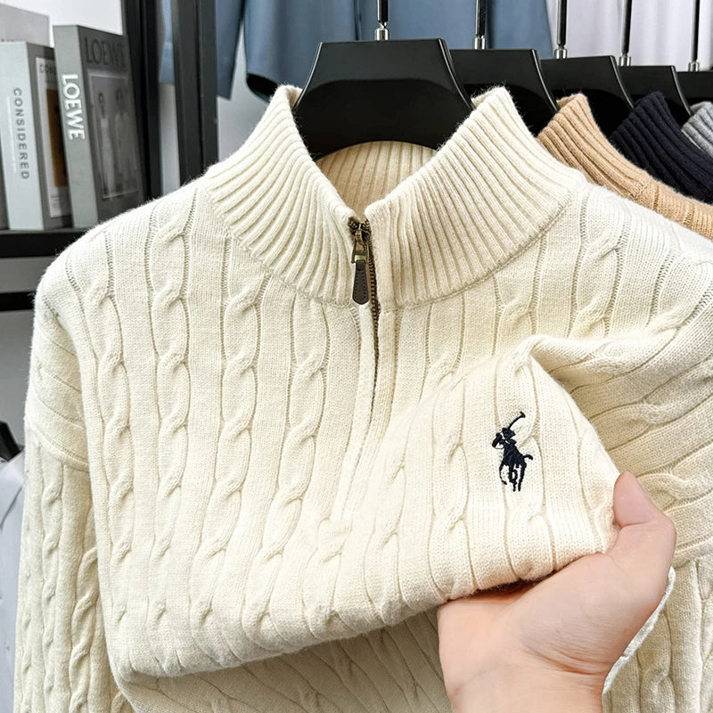 Men's Vintage Embroidery Zip-Up Turtleneck Sweater