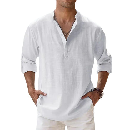 Men's Cotton Linen Long Sleeve Henley Shirt