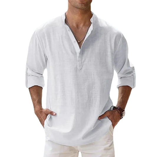 Men's Cotton Linen Long Sleeve Henley Shirt