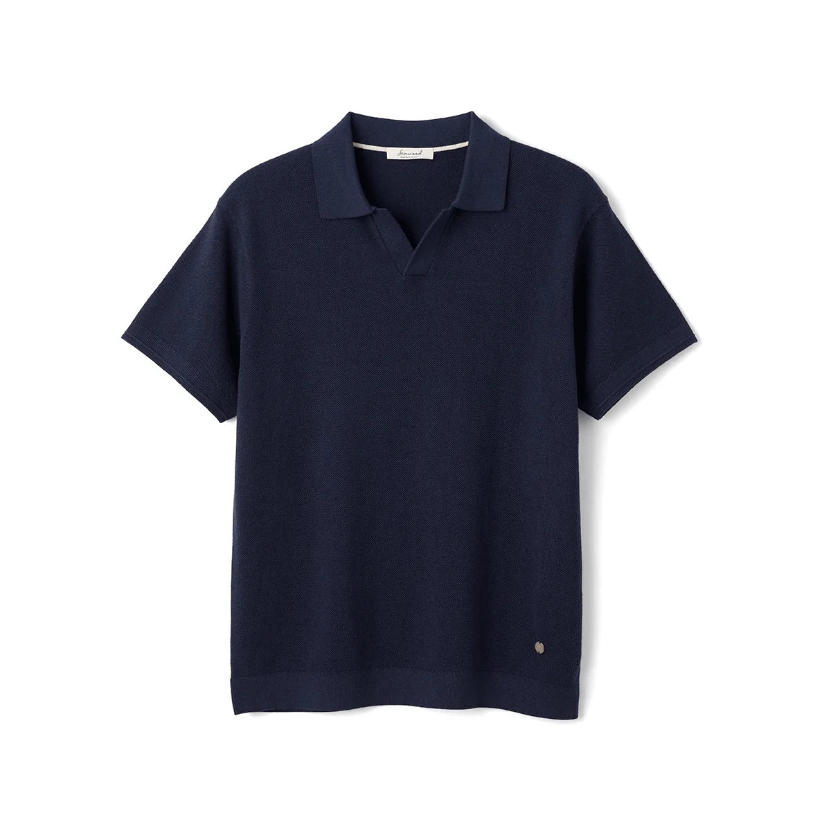 Navy blue short sleeve polo shirt with classic collar, ideal for casual or smart casual wear.